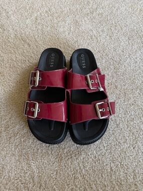 GUESS Red Patent Double Buckle Slide Sandals Size 8.5